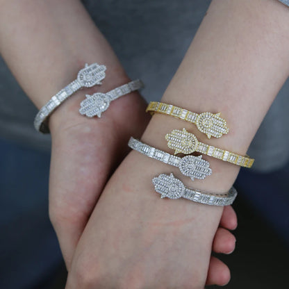 2025 New Iced Out Bling CZ Custom Opened Square Cubic Zircon Paved Hamsa Hand Charm Bracelet Bangle Hip Hop Sparking Jewelry