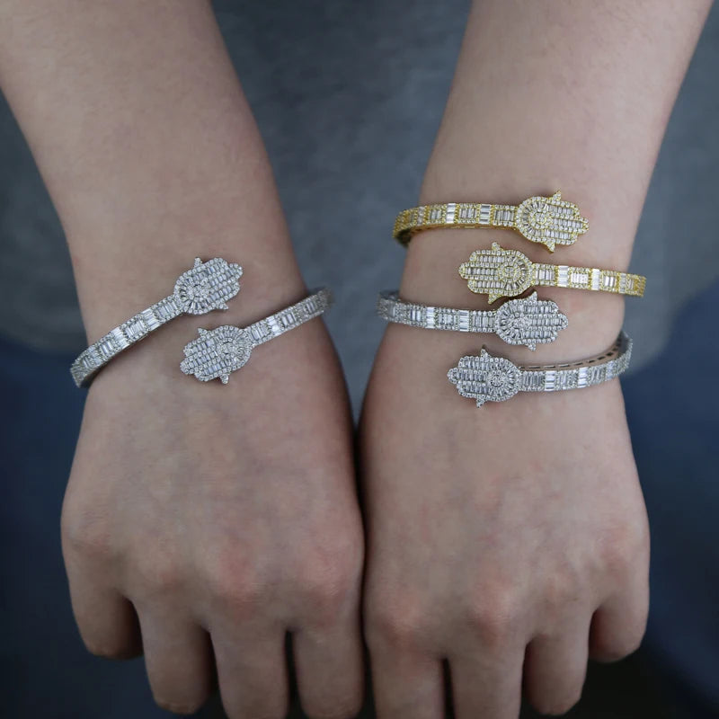 2025 New Iced Out Bling CZ Custom Opened Square Cubic Zircon Paved Hamsa Hand Charm Bracelet Bangle Hip Hop Sparking Jewelry