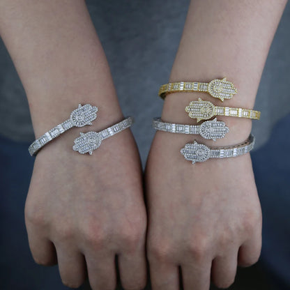 2025 New Iced Out Bling CZ Custom Opened Square Cubic Zircon Paved Hamsa Hand Charm Bracelet Bangle Hip Hop Sparking Jewelry