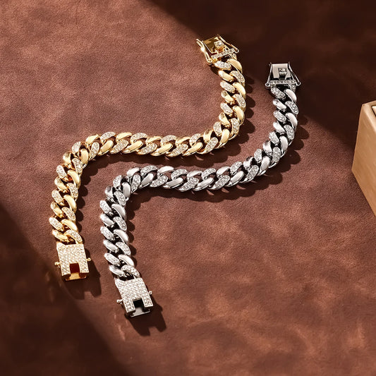 ZAKOL Hip Hop Cuban Chain Women Mens Bracelet Full Shiny Rhinestone Stone Miami Cuban Chain Bracelets Fashion Jewelry
