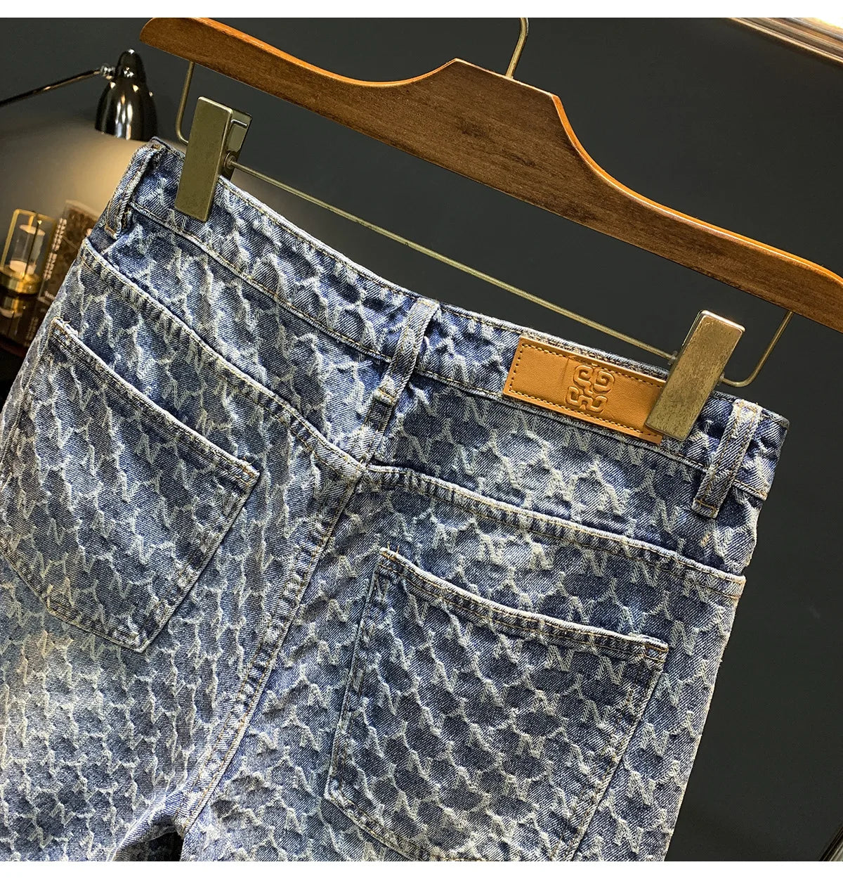 Jacquard denim shorts men's summer 2025 thin casual blue trendy brand loose design five quarter pants