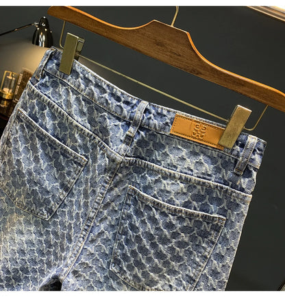 Jacquard denim shorts men's summer 2025 thin casual blue trendy brand loose design five quarter pants