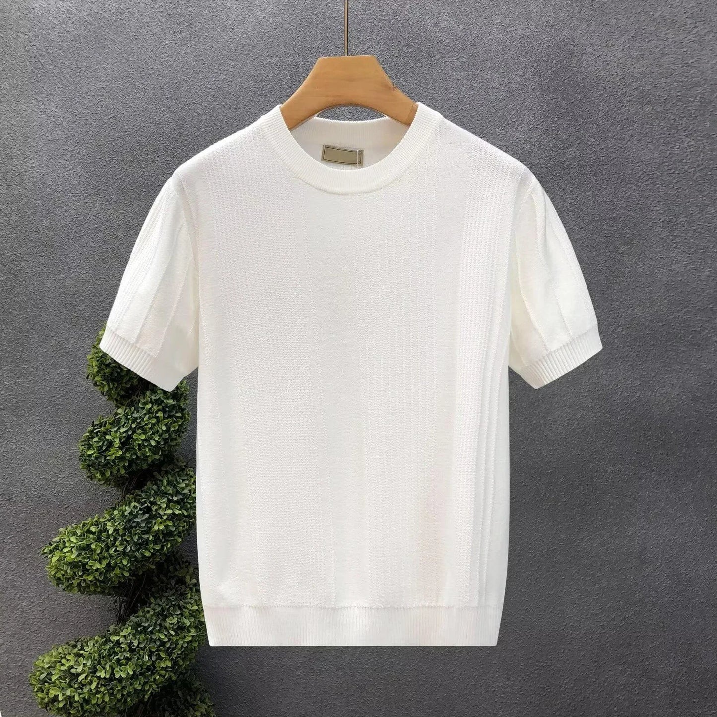 Pure White Floral Short Sleeve Men's Knitted Shirt Thin Base Layer Top Summer Trendy Brand Crew Neck Half Sleeve T-shirt