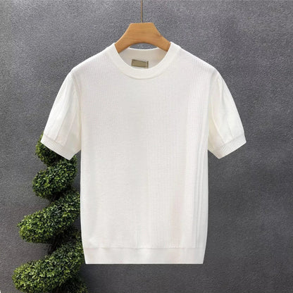 Pure White Floral Short Sleeve Men's Knitted Shirt Thin Base Layer Top Summer Trendy Brand Crew Neck Half Sleeve T-shirt