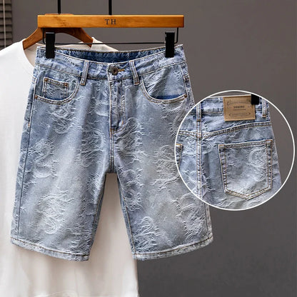 2024 Summer New Personality Dragon Print Stylish Straight Blue Denim Shorts Male Street Style Men's Straight Denim Shorts