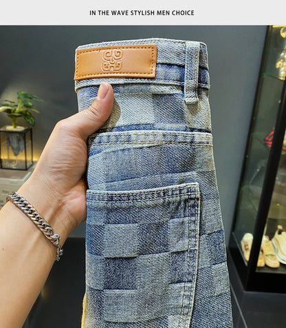 Fashionable high-end denim shorts for men's summer street trend mosaic embroidery print retro loose five quarter pants