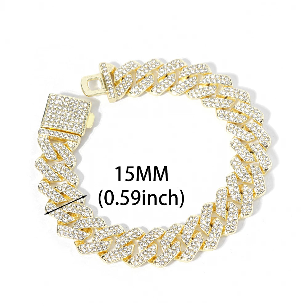 Hip Hop 15mm Cuban Link Chain Bracelet For Men Silver Color Iced Out Rhinestone Miami Bracelets Punk Women with Box Clasp Gift