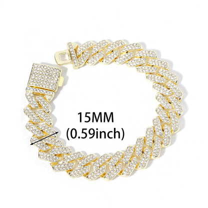 Hip Hop 15mm Cuban Link Chain Bracelet For Men Silver Color Iced Out Rhinestone Miami Bracelets Punk Women with Box Clasp Gift