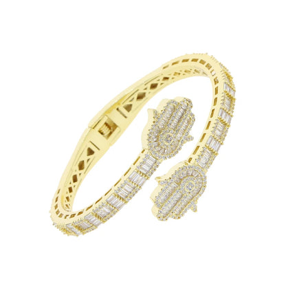 2025 New Iced Out Bling CZ Custom Opened Square Cubic Zircon Paved Hamsa Hand Charm Bracelet Bangle Hip Hop Sparking Jewelry
