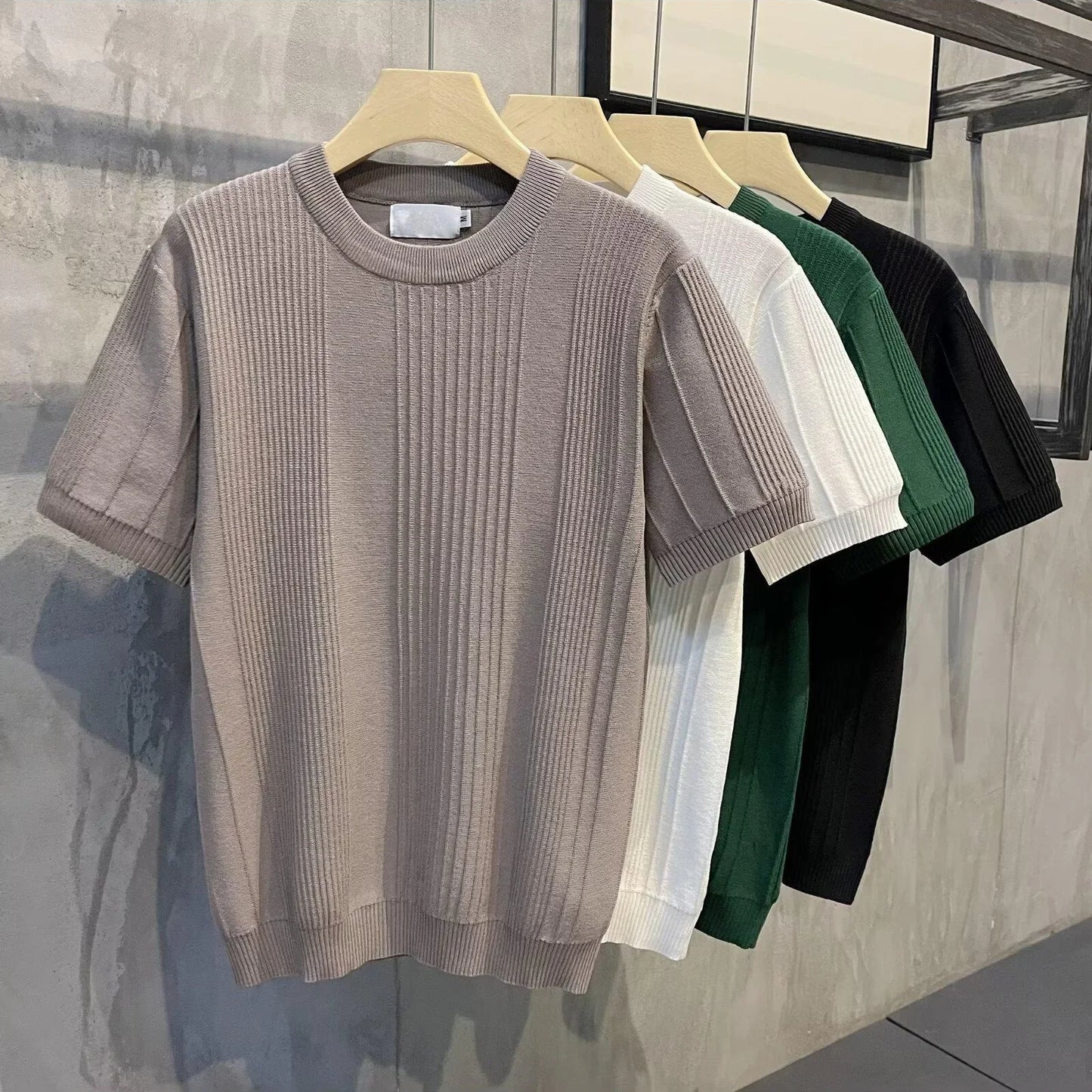 Pure White Floral Short Sleeve Men's Knitted Shirt Thin Base Layer Top Summer Trendy Brand Crew Neck Half Sleeve T-shirt