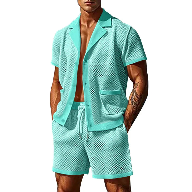 2024 Mesh Breathable Ice Cool Casual Suit Thin Men's Short Sleeve Shorts Two-piece Set