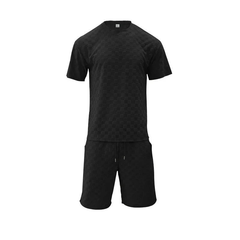 Men's Sports Suit Summer New Korean High Street Jacquard Plaid T-shirt Shorts Two-piece Set Male Casual Retro Loose O-neck Top
