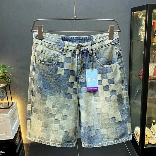 Fashionable high-end denim shorts for men's summer street trend mosaic embroidery print retro loose five quarter pants
