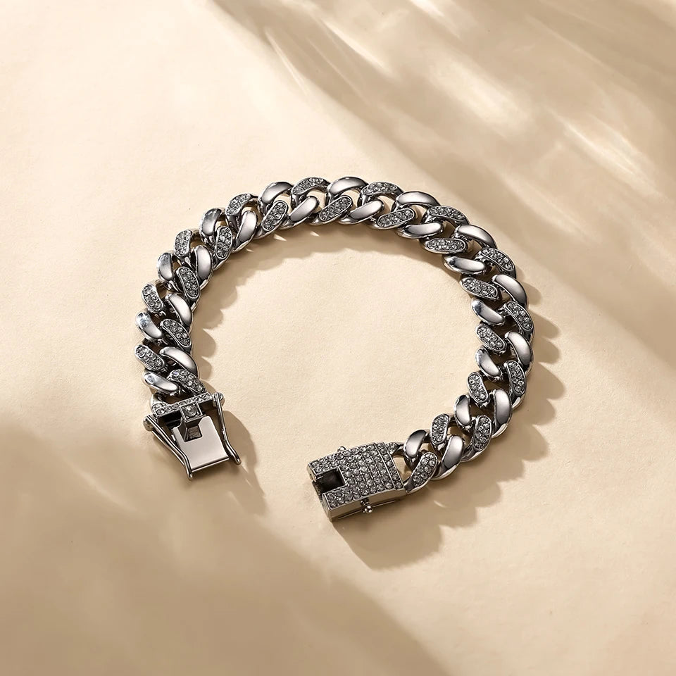 ZAKOL Hip Hop Cuban Chain Women Mens Bracelet Full Shiny Rhinestone Stone Miami Cuban Chain Bracelets Fashion Jewelry