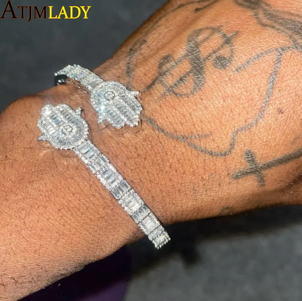 2025 New Iced Out Bling CZ Custom Opened Square Cubic Zircon Paved Hamsa Hand Charm Bracelet Bangle Hip Hop Sparking Jewelry