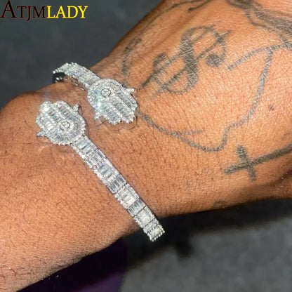 2025 New Iced Out Bling CZ Custom Opened Square Cubic Zircon Paved Hamsa Hand Charm Bracelet Bangle Hip Hop Sparking Jewelry