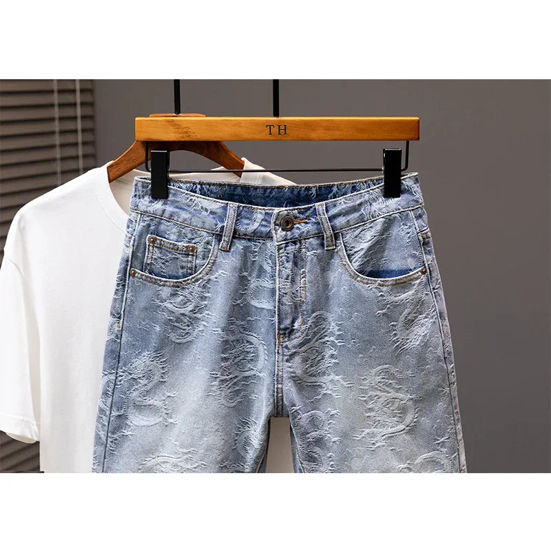 2024 Summer New Personality Dragon Print Stylish Straight Blue Denim Shorts Male Street Style Men's Straight Denim Shorts
