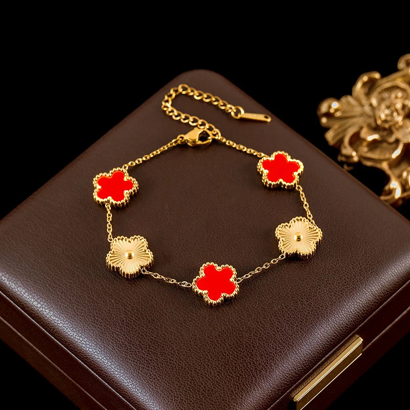 GANEMLY New Fashion Double Sided Green Five Leaf Flower Charm Bracelets For Women Girl Stainless Steel Clover Jewelry Gifts