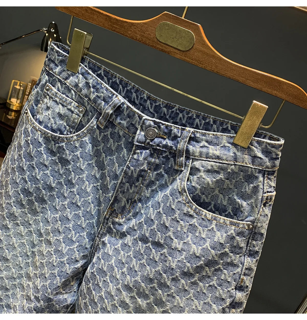 Jacquard denim shorts men's summer 2025 thin casual blue trendy brand loose design five quarter pants