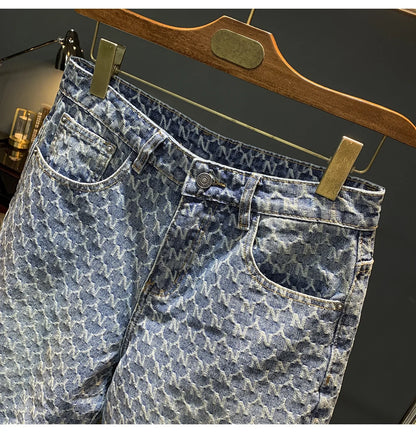 Jacquard denim shorts men's summer 2025 thin casual blue trendy brand loose design five quarter pants