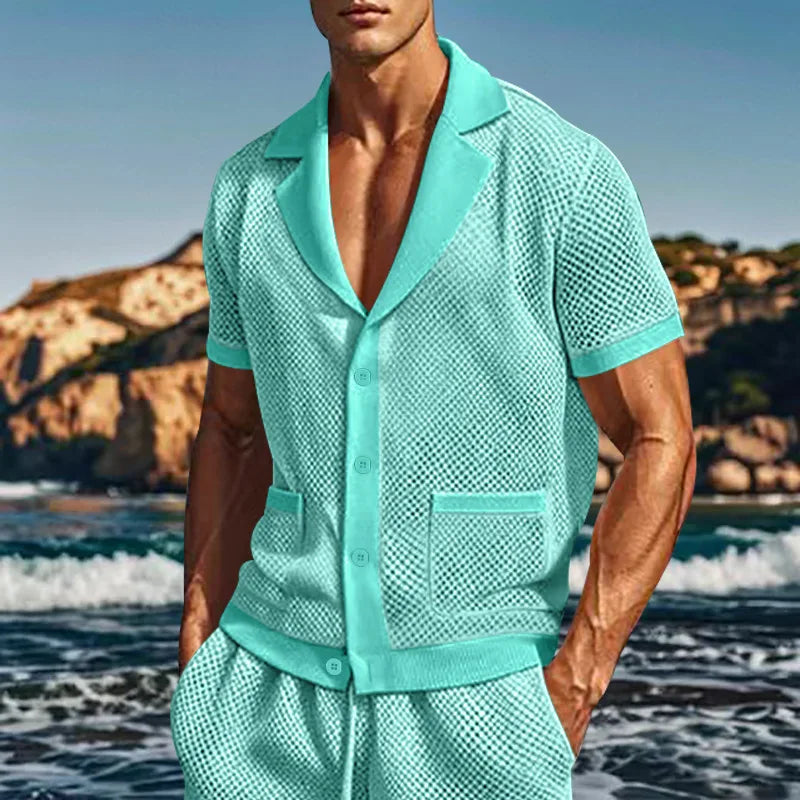 2024 Mesh Breathable Ice Cool Casual Suit Thin Men's Short Sleeve Shorts Two-piece Set