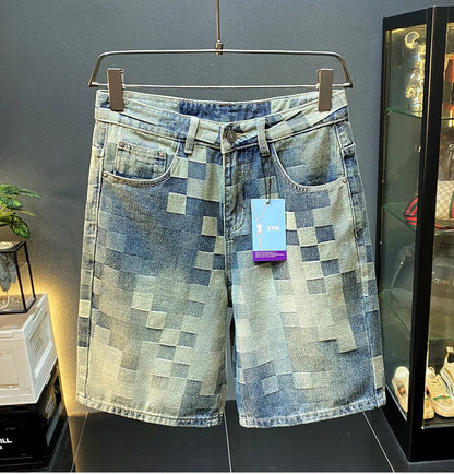 Fashionable high-end denim shorts for men's summer street trend mosaic embroidery print retro loose five quarter pants