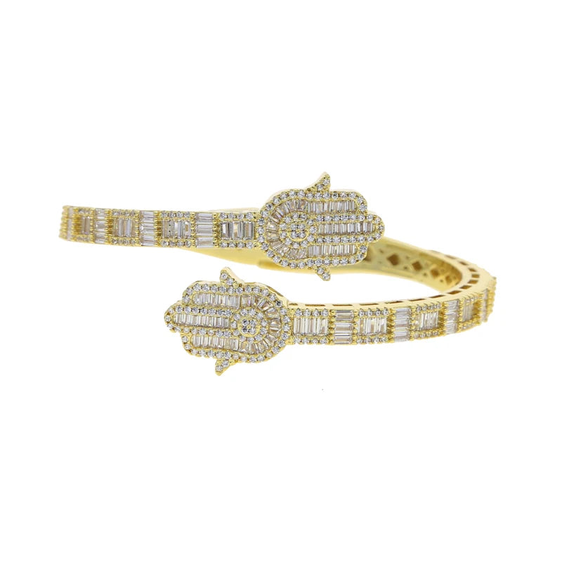 2025 New Iced Out Bling CZ Custom Opened Square Cubic Zircon Paved Hamsa Hand Charm Bracelet Bangle Hip Hop Sparking Jewelry