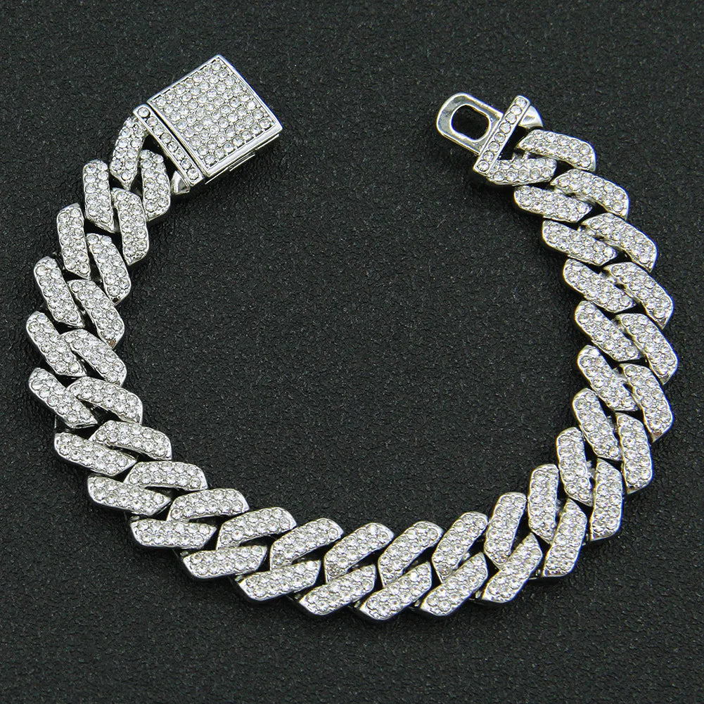 14MM  2 Row Rhinestone Paved Miami Rhombus Cuban Chain Hip Hop Men Women  Prong Cuban Link Chain Bracelet Iced Out men Jewelry