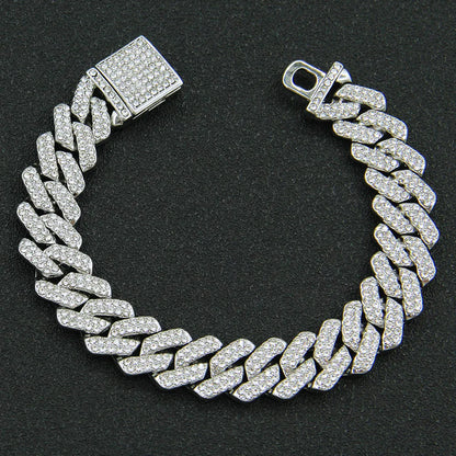 14MM  2 Row Rhinestone Paved Miami Rhombus Cuban Chain Hip Hop Men Women  Prong Cuban Link Chain Bracelet Iced Out men Jewelry