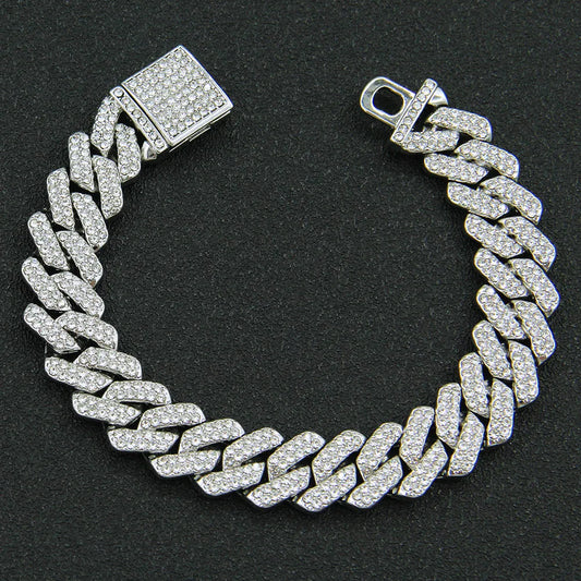 14MM  2 Row Rhinestone Paved Miami Rhombus Cuban Chain Hip Hop Men Women  Prong Cuban Link Chain Bracelet Iced Out men Jewelry
