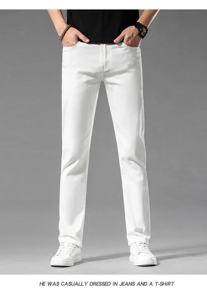 Summer New 98% Cotton Men's Casual Jeans White Classic Fashionable Stretch Straight Denim Trousers Black Brand Clothing Male
