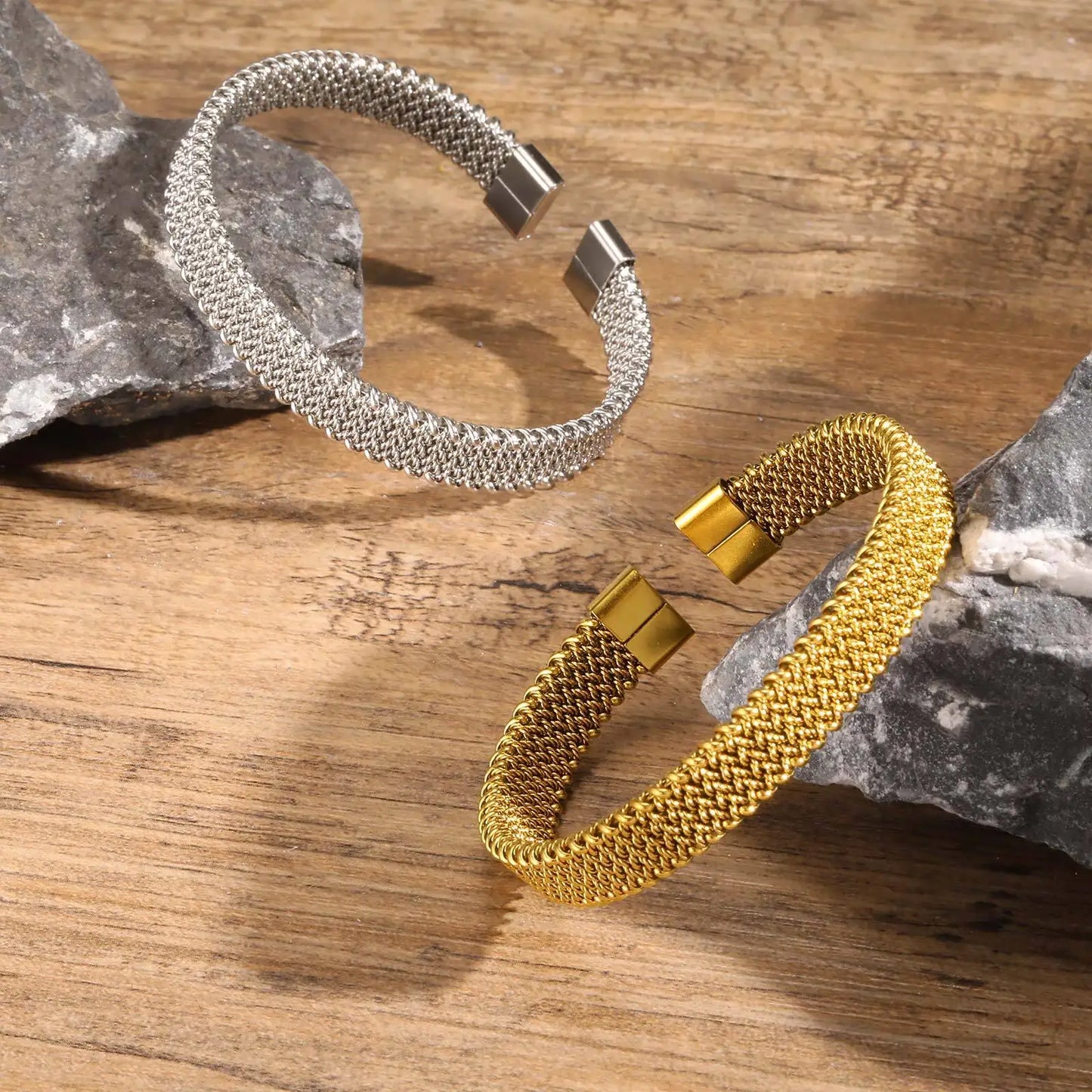 Vnox 10mm Woven Mesh Stainless Steel Open Bangle for Men Women,Vintage Adjustable Cuff Bracelets