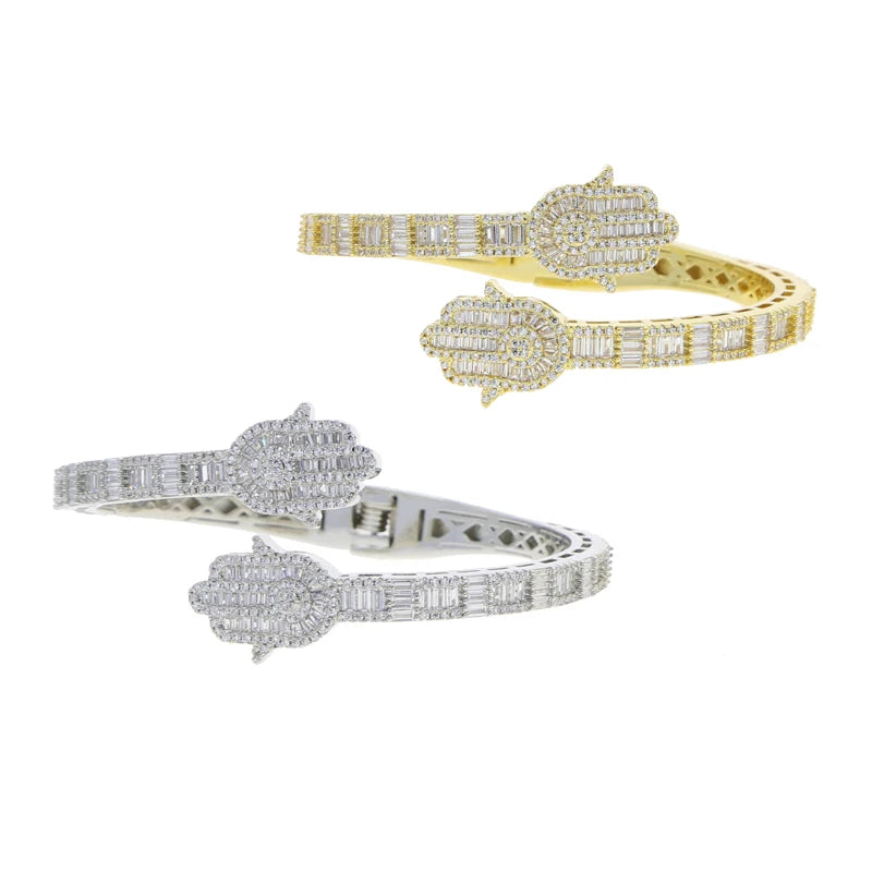 2025 New Iced Out Bling CZ Custom Opened Square Cubic Zircon Paved Hamsa Hand Charm Bracelet Bangle Hip Hop Sparking Jewelry