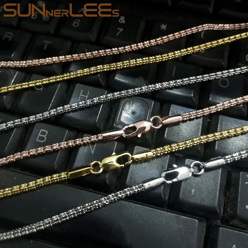 SUNNERLEES Fashion Jewelry White Rose Gold Plated Necklace 2.2mm Width 4 Lines Beads Link Chain Men Women Gift C80 N