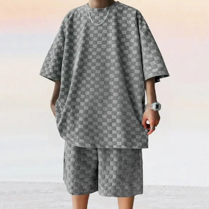 Men's Sports Suit Summer New Korean High Street Jacquard Plaid T-shirt Shorts Two-piece Set Male Casual Retro Loose O-neck Top