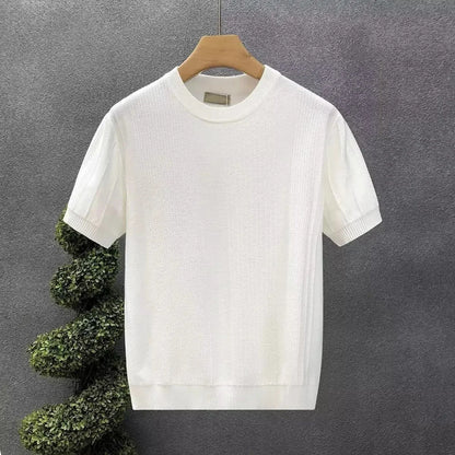 Pure White Floral Short Sleeve Men's Knitted Shirt Thin Base Layer Top Summer Trendy Brand Crew Neck Half Sleeve T-shirt
