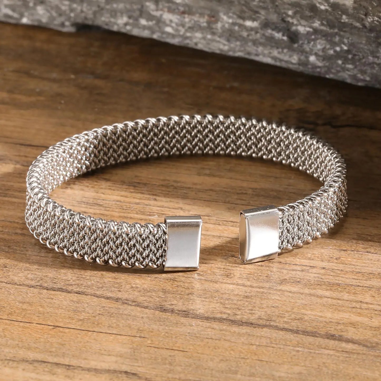Vnox 10mm Woven Mesh Stainless Steel Open Bangle for Men Women,Vintage Adjustable Cuff Bracelets