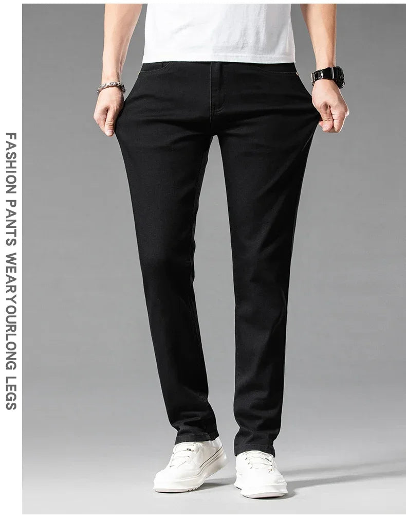 Summer New 98% Cotton Men's Casual Jeans White Classic Fashionable Stretch Straight Denim Trousers Black Brand Clothing Male