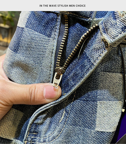 Fashionable high-end denim shorts for men's summer street trend mosaic embroidery print retro loose five quarter pants