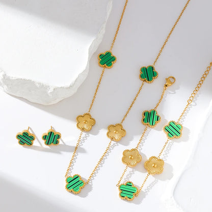 GANEMLY New Fashion Double Sided Green Five Leaf Flower Charm Bracelets For Women Girl Stainless Steel Clover Jewelry Gifts