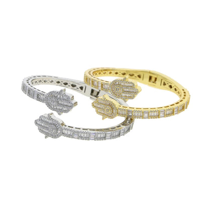 2025 New Iced Out Bling CZ Custom Opened Square Cubic Zircon Paved Hamsa Hand Charm Bracelet Bangle Hip Hop Sparking Jewelry