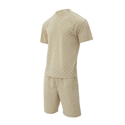Men's Sports Suit Summer New Korean High Street Jacquard Plaid T-shirt Shorts Two-piece Set Male Casual Retro Loose O-neck Top