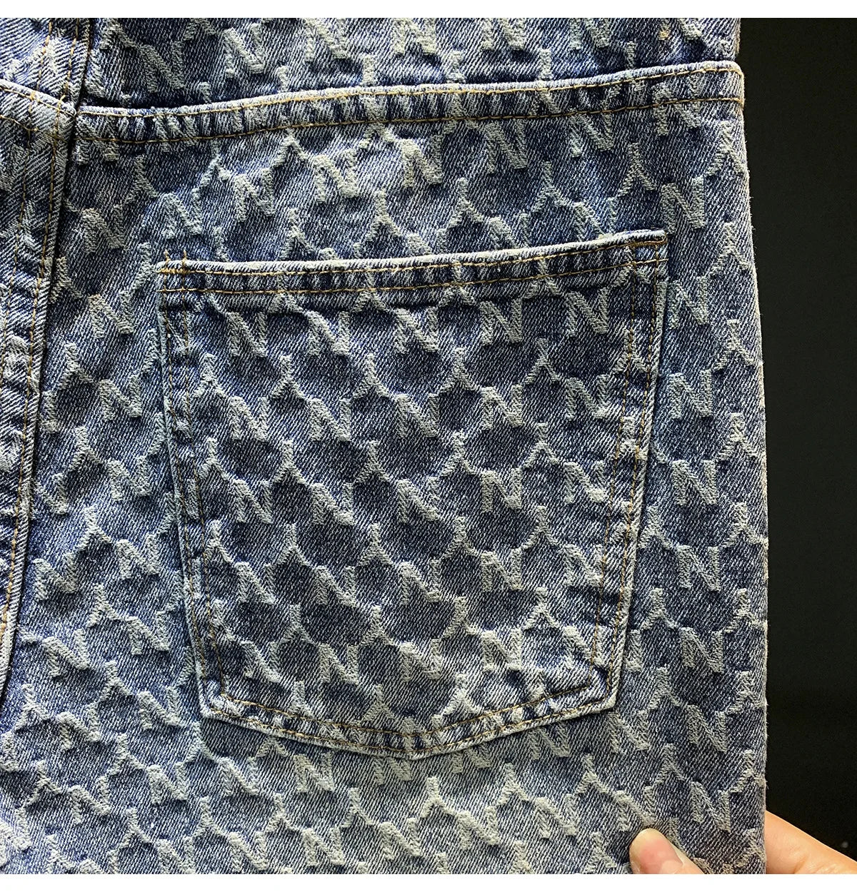 Jacquard denim shorts men's summer 2025 thin casual blue trendy brand loose design five quarter pants