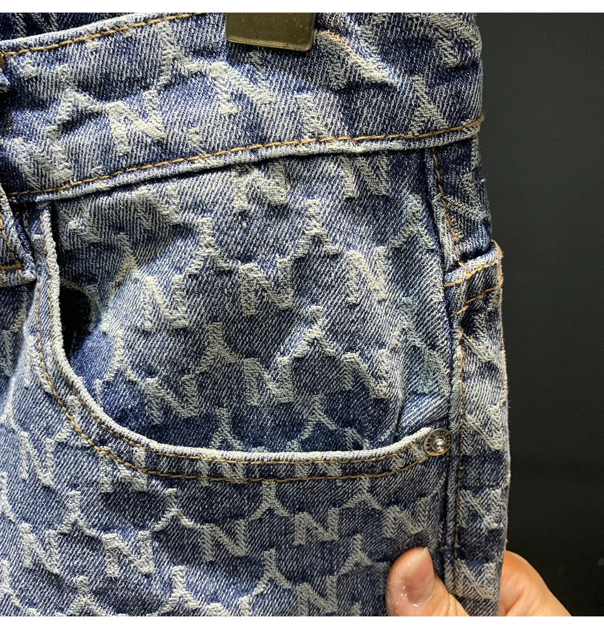 Jacquard denim shorts men's summer 2025 thin casual blue trendy brand loose design five quarter pants