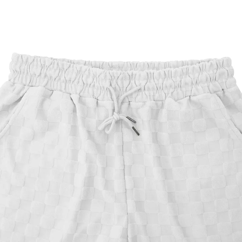 Men's Sports Suit Summer New Korean High Street Jacquard Plaid T-shirt Shorts Two-piece Set Male Casual Retro Loose O-neck Top