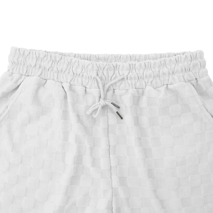 Men's Sports Suit Summer New Korean High Street Jacquard Plaid T-shirt Shorts Two-piece Set Male Casual Retro Loose O-neck Top