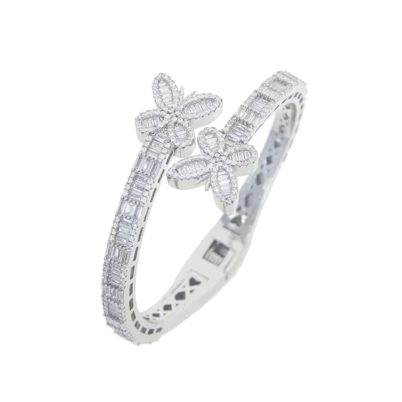 2025 New Iced Out Bling CZ Custom Opened Square Cubic Zircon Paved Hamsa Hand Charm Bracelet Bangle Hip Hop Sparking Jewelry
