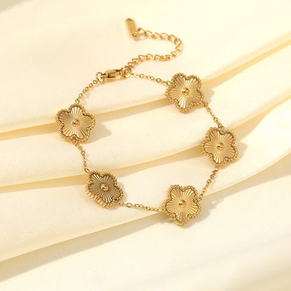 GANEMLY New Fashion Double Sided Green Five Leaf Flower Charm Bracelets For Women Girl Stainless Steel Clover Jewelry Gifts