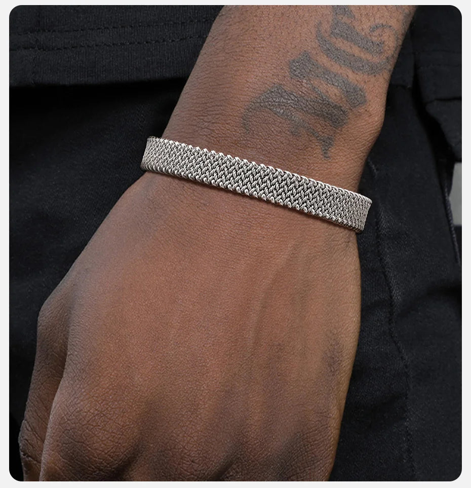 Vnox 10mm Woven Mesh Stainless Steel Open Bangle for Men Women,Vintage Adjustable Cuff Bracelets