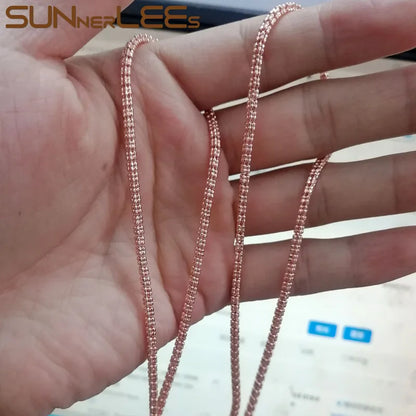 SUNNERLEES Fashion Jewelry White Rose Gold Plated Necklace 2.2mm Width 4 Lines Beads Link Chain Men Women Gift C80 N